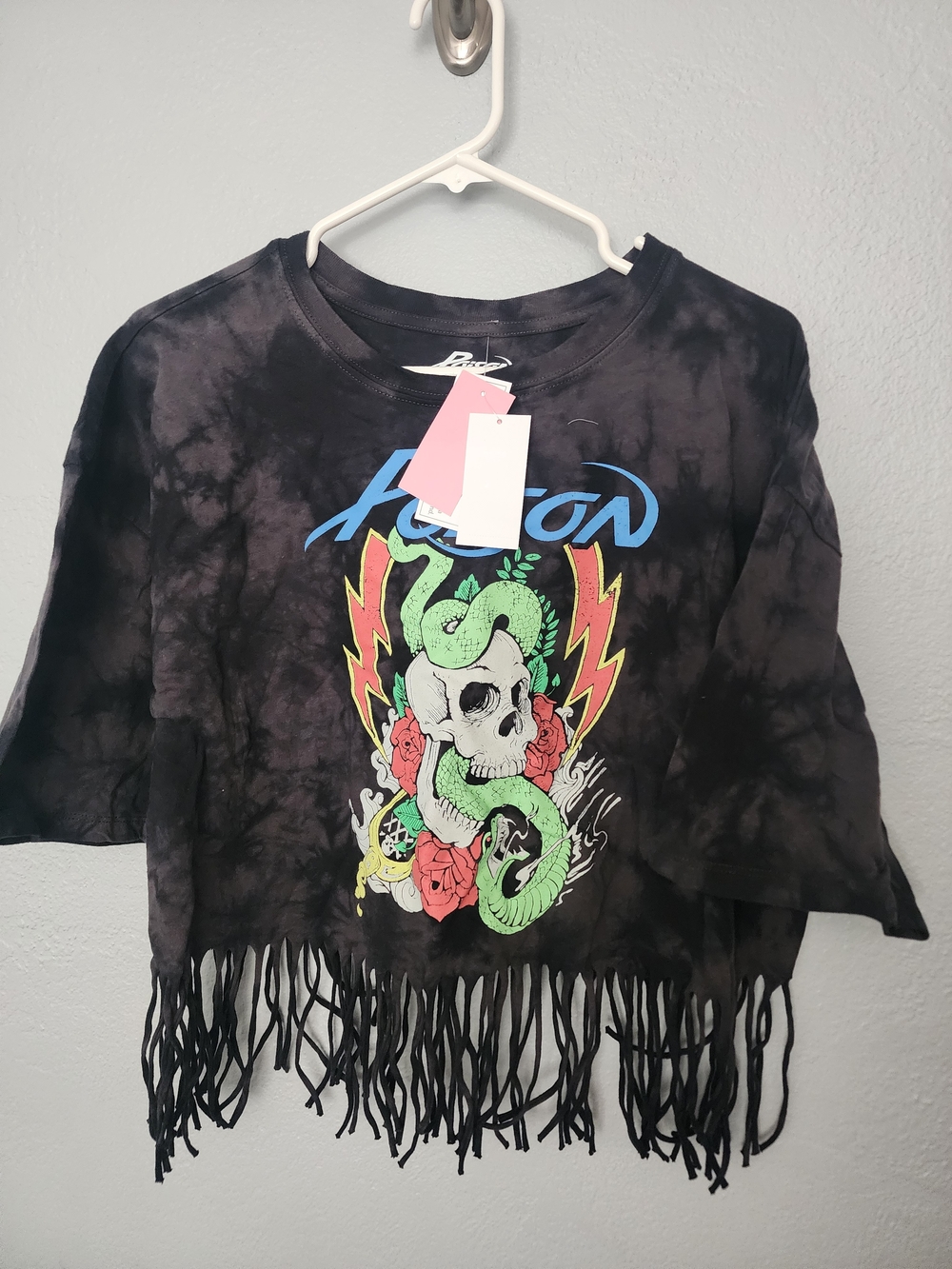 Black Tie-Dye Fringe Skull & Snake Crop Top